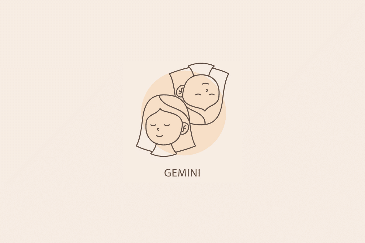 Ilustração em linhas finas do rosto de duas pessoas de olhos fechados posicionadas lado a lado, com um círculo bege ao fundo e a palavra "GEMINI" abaixo.