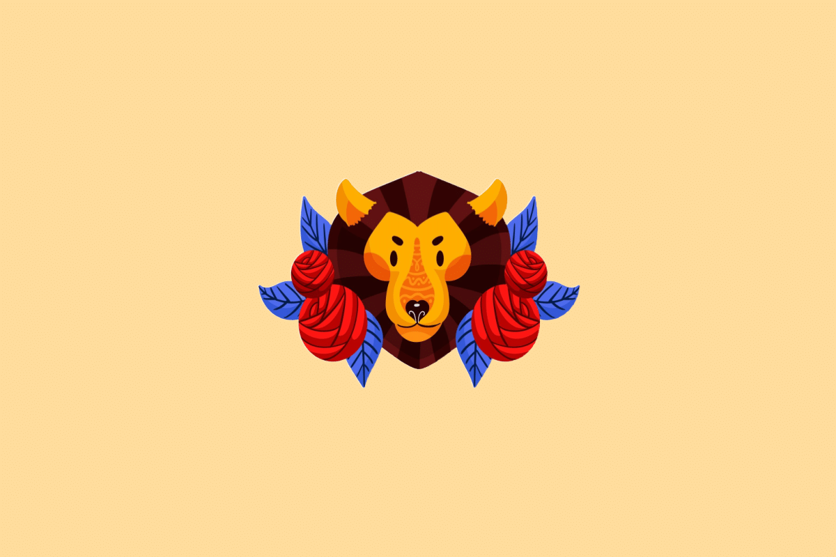 Ilustração estilizada do signo de Leão. No centro, a cabeça de um leão amarelo e laranja vista de frente com uma juba marrom escura, emoldurada por grandes rosas vermelhas e folhas azuis nas laterais. O fundo é de cor amarela clara uniforme.