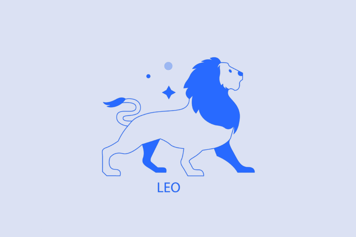 Ilustração minimalista em tons de azul e branco representando o signo de Leão. Mostra um leão de perfil caminhando para a direita com a juba em destaque, acompanhado de pequenos pontos e uma estrela ao fundo. Na parte inferior, está escrita a palavra "LEO" em letras maiúsculas azul-escuro.