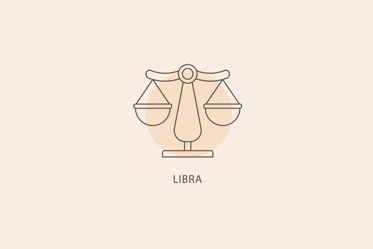 Ilustração em linhas finas de uma balança de dois pratos, com um círculo bege ao fundo e a palavra "LIBRA" abaixo.
