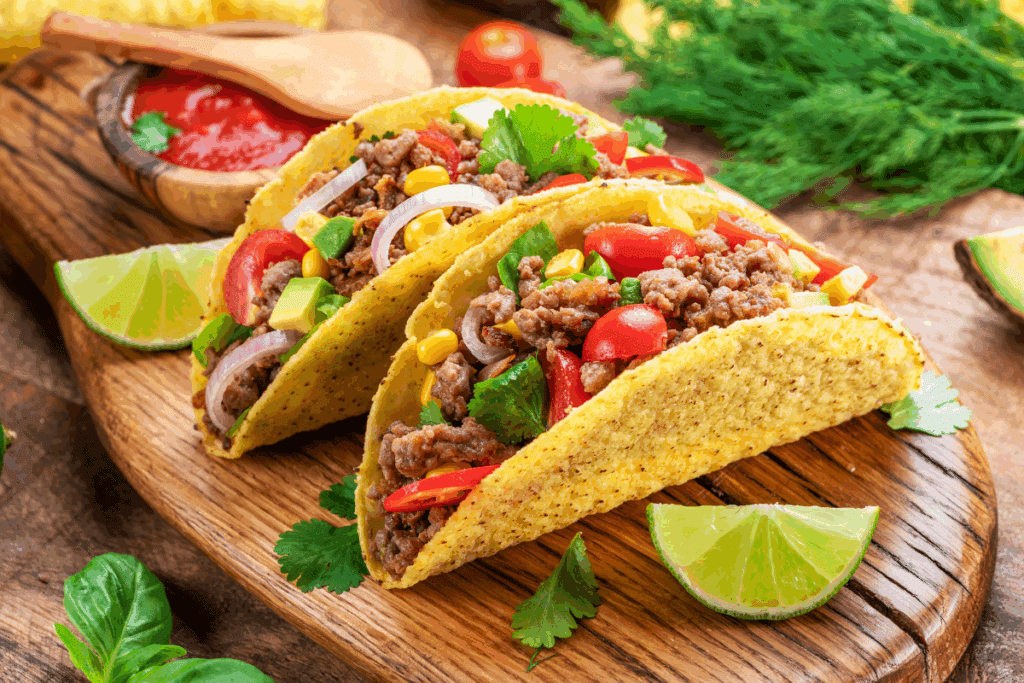 Dois tacos crocantes recheados com carne moída, milho, abacate, tomate, cebola roxa e coentro, servidos sobre uma tábua de madeira com pedaços de lima e uma tigela de molho ao fundo.