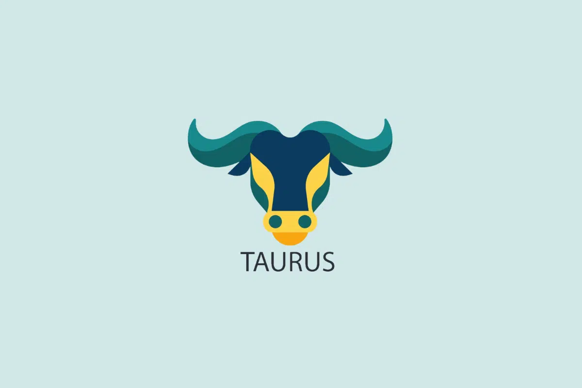 Ilustração vetorial em estilo plano da cabeça de um touro com grandes chifres curvos azuis e detalhes em amarelo, sobre um fundo azul-claro com a palavra "TAURUS" escrita abaixo.