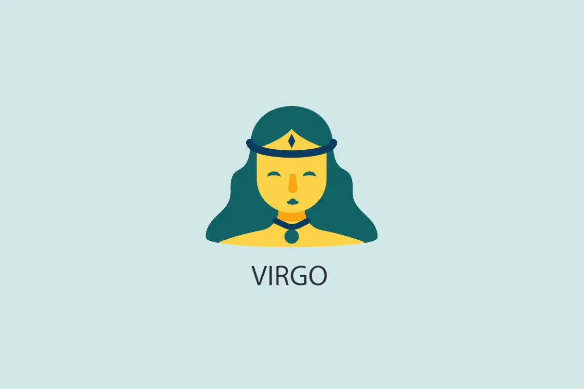 Ilustração vetorial em estilo plano do rosto de uma mulher de cabelos longos e tiara, em tons de amarelo e azul, sobre um fundo azul-claro com a palavra "VIRGO" escrita abaixo.