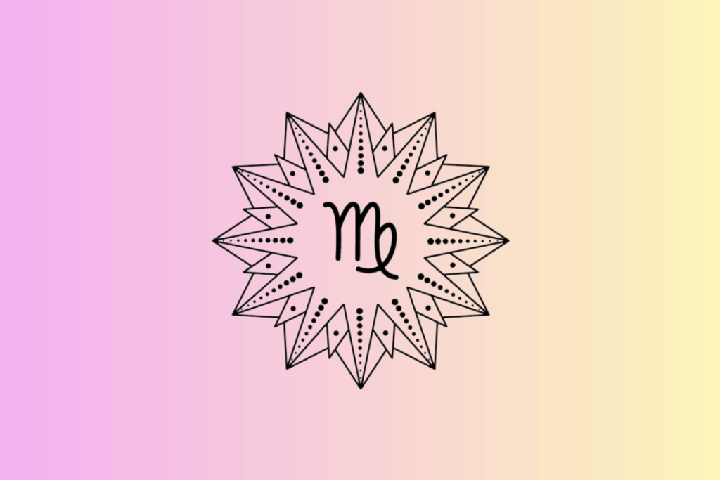 Ilustração com fundo em degradê do rosa para o amarelo, contendo ao centro um sol geométrico estilizado em preto e branco, com o símbolo do signo de Virgem no meio.