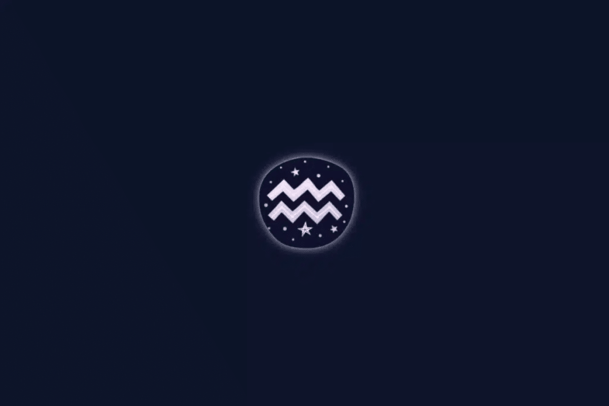 Ilustração do símbolo astrológico do signo de Aquário, representado por duas linhas onduladas em zigue-zague, na cor lilás-claro. O desenho está centralizado em um círculo decorado com estrelas brancas, sobre um fundo azul-marinho escuro.
