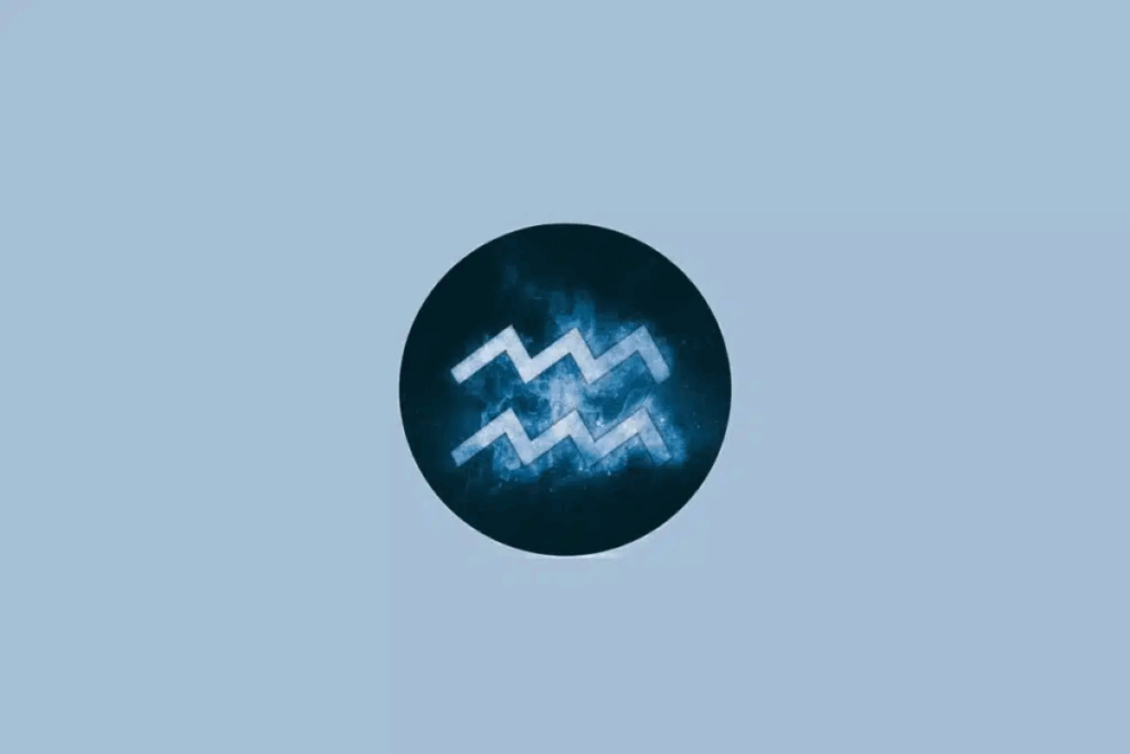 Ilustração do símbolo do signo de Aquário, representado por duas linhas onduladas em azul-claro, com efeito luminoso, dentro de um círculo azul-escuro sobre um fundo azul-claro.