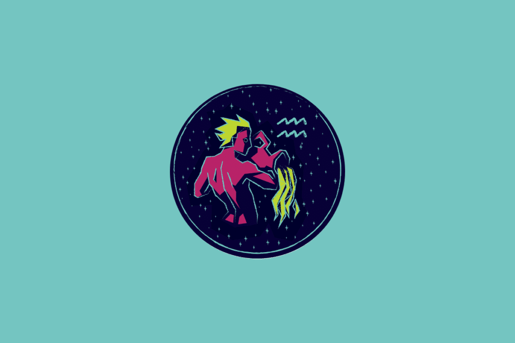Ilustração num círculo azul-escuro estrelado sobre fundo azul-turquesa, representando Aquário através de uma figura humana rosa com cabelo amarelo despejando água de um vaso e o respetivo símbolo astrológico