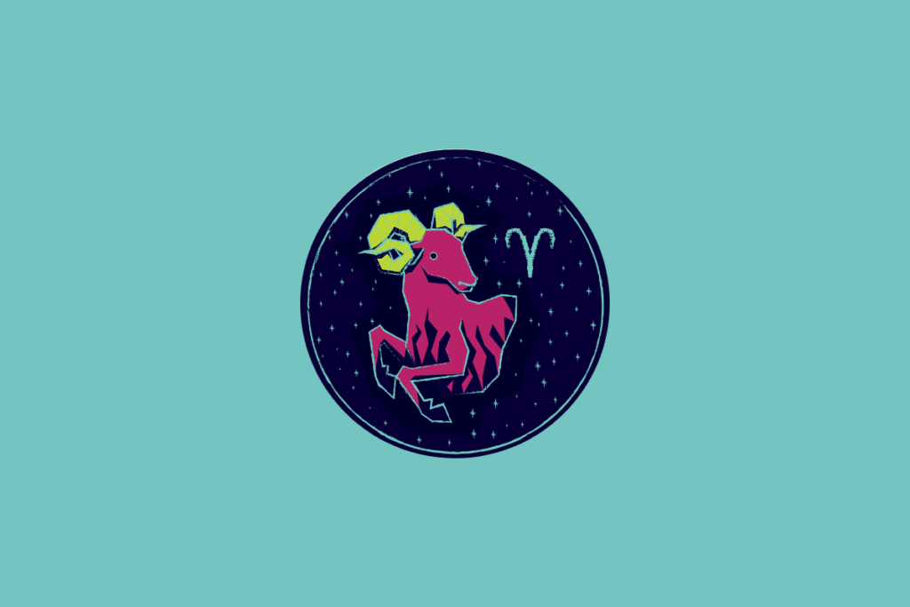 Ilustração num círculo azul-escuro estrelado sobre fundo azul-turquesa, representando o signo de Áries através de um carneiro rosa com cornos amarelos e o respetivo símbolo astrológico