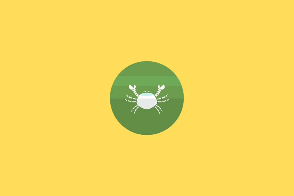 Símbolo do signo de Câncer representado por um caranguejo branco, visto de frente, com duas pinças levantadas, corpo oval e patas abertas lateralmente. O desenho está centralizado em um círculo verde dividido em áreas de verde-claro e verde-escuro. O fundo externo é amarelo-claro intenso e uniforme.