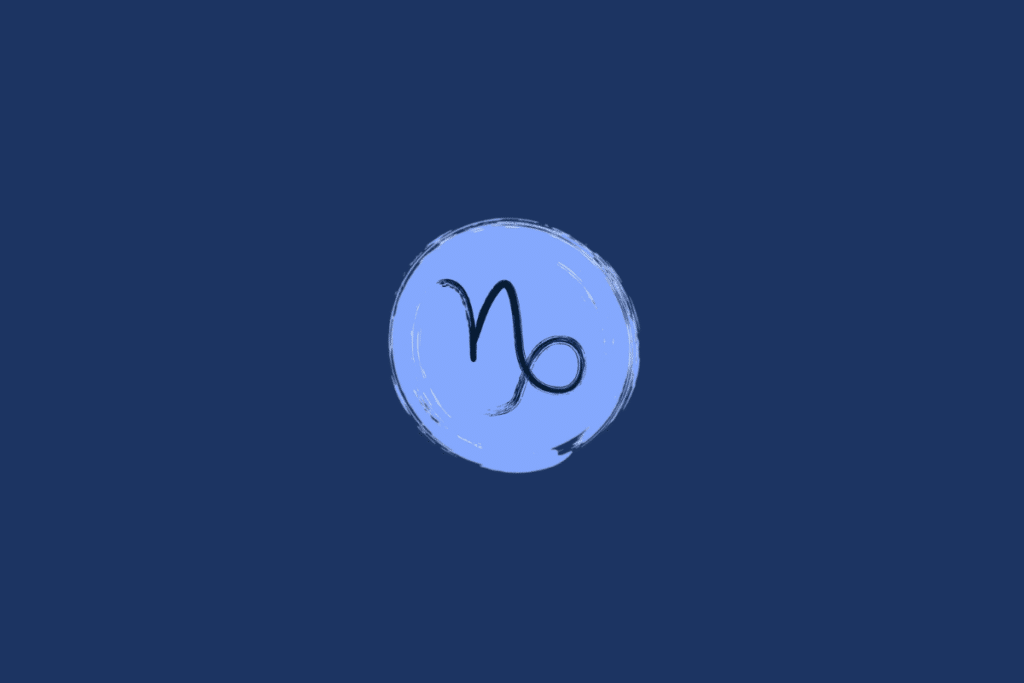 Ilustração do símbolo do signo de Capricórnio, desenhado em preto dentro de um círculo azul-claro, sobre fundo azul-marinho.