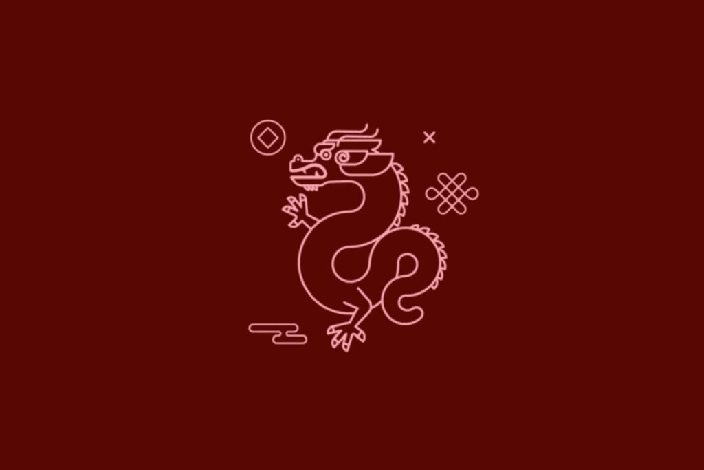Ilustração minimalista de um dragão oriental, desenhado com linhas finas em rosa-claro sobre um fundo vermelho-escuro. O animal apresenta corpo alongado e curvado, chifres, bigodes, pequenas patas e cauda enrolada. Símbolos geométricos complementam a composição.
