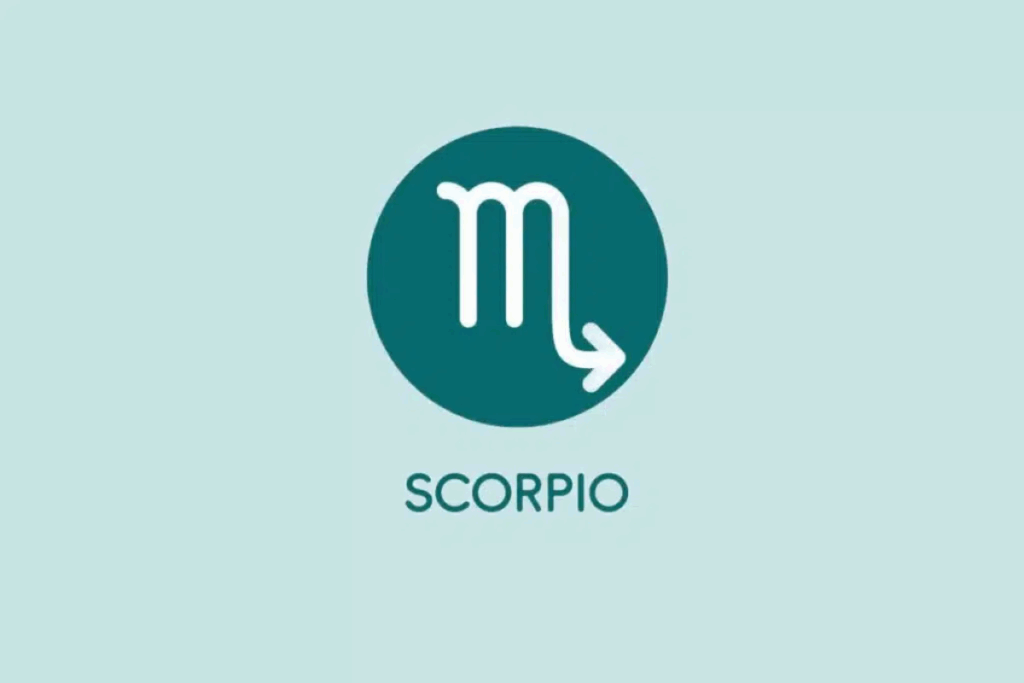 Imagem com fundo verde-água-claro, apresentando um círculo verde-escuro no centro. Dentro dele, aparece o símbolo astrológico do signo de Escorpião em branco, semelhante à letra “M”, com uma cauda curva terminando em uma seta apontada para a direita. Abaixo do círculo, está escrita a palavra “SCORPIO”.