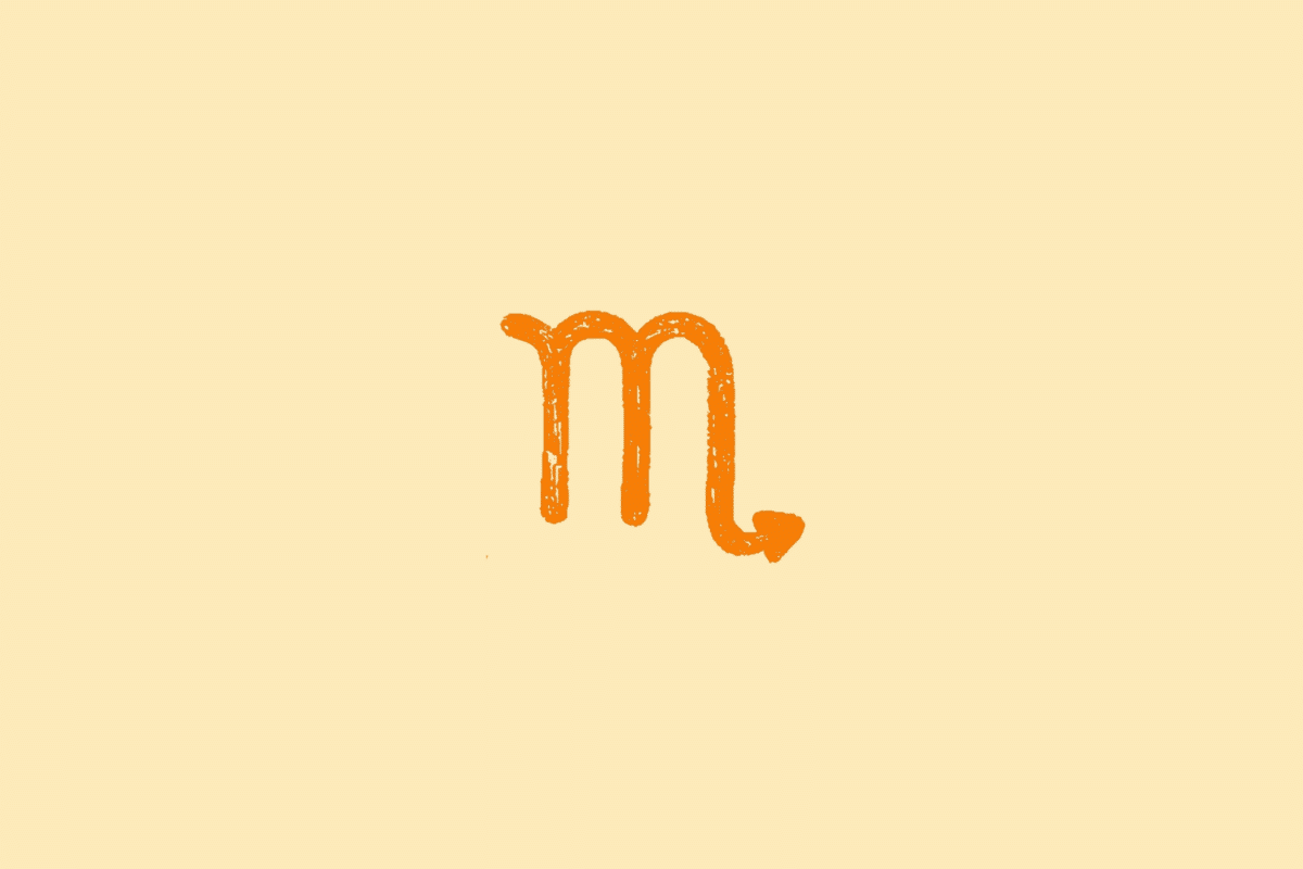 Ilustração do símbolo do signo de Escorpião, representado por linhas curvas semelhantes à letra “m” com uma ponta final, em laranja, sobre fundo bege-claro.