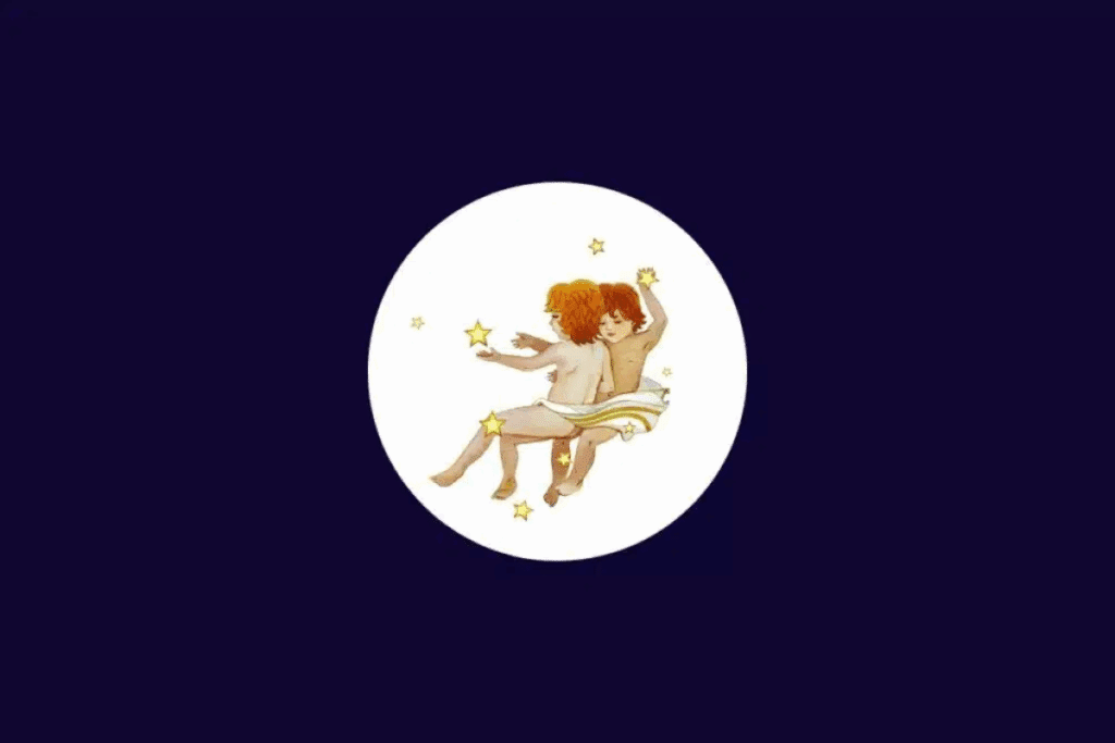 Ilustração do signo de Gêmeos, representado por duas figuras humanas de cabelos avermelhados, sentadas lado a lado, com os corpos próximos e envolvidas por um tecido branco. Pequenas estrelas douradas aparecem ao redor, dentro de um círculo branco sobre um fundo roxo-escuro.