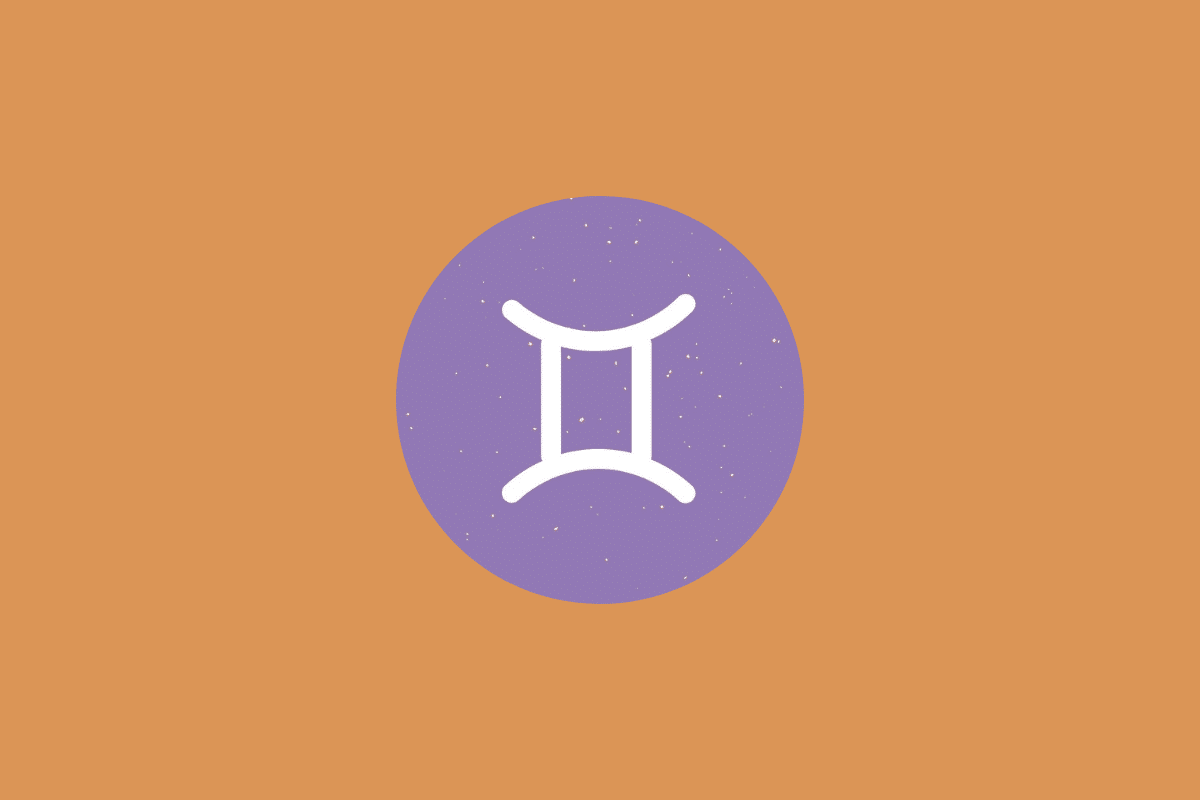 Símbolo do signo de Gêmeos em branco sobre um círculo roxo em fundo alaranjado