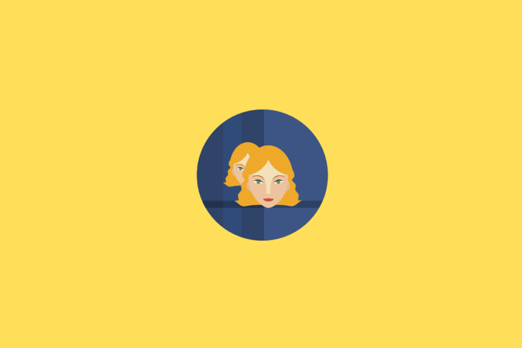 Símbolo do signo de Gêmeos representado por dois rostos femininos posicionados lado a lado, parcialmente sobrepostos. As duas figuras têm pele clara, cabelos loiros com mechas em amarelo-dourado e olhos verdes. A mulher à frente aparece com o rosto mais visível, enquanto a segunda surge parcialmente atrás, à esquerda. O desenho está centralizado em um círculo azul-marinho com divisões em tons de azul. O fundo externo é amarelo-claro intenso e uniforme.
