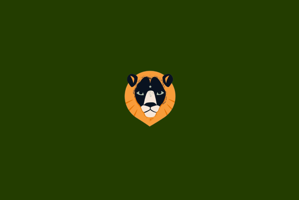 Rosto de leão de frente, com juba laranja, focinho creme, olhos verde-acinzentados e traços em azul-marinho. A ilustração tem formato arredondado na parte superior e pontudo na inferior. O fundo é verde-escuro uniforme.
