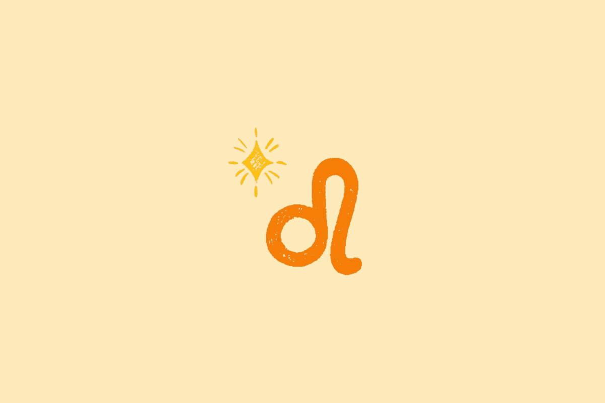 Ilustração do símbolo do signo de Leão, representado por um traço curvo semelhante à juba e à cauda de um leão, em laranja, acompanhado de um pequeno desenho de estrela sobre fundo bege-claro.