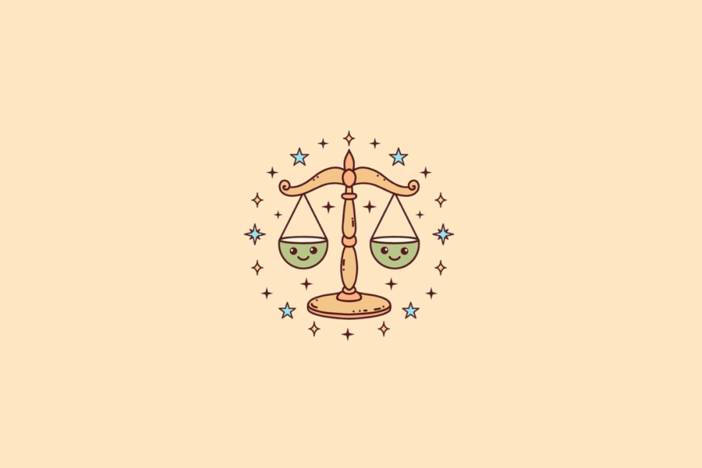 Ilustração de uma balança dourada com dois pratos verdes equilibrados, cada um com um rostinho sorridente. O desenho é contornado por pequenas estrelas azuis, amarelas e marrons sobre fundo bege-claro.