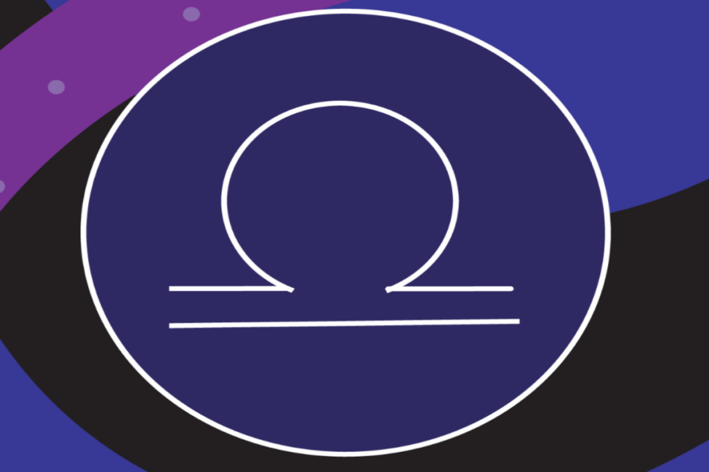 Ilustração do símbolo de Áries em linhas brancas, centralizado dentro de um grande círculo azul-escuro. O fundo combina formas abstratas em azul, roxo e preto, com pequenos pontos lilás.