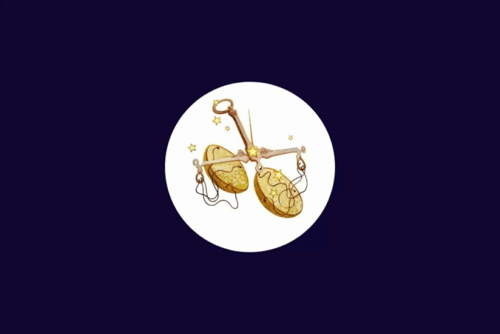 Ilustração do signo de Libra, representado por uma balança de dois pratos dourados, suspensos por cordões delicados. O desenho apresenta pequenas estrelas ao redor e está centralizado em um círculo branco sobre um fundo roxo-escuro.