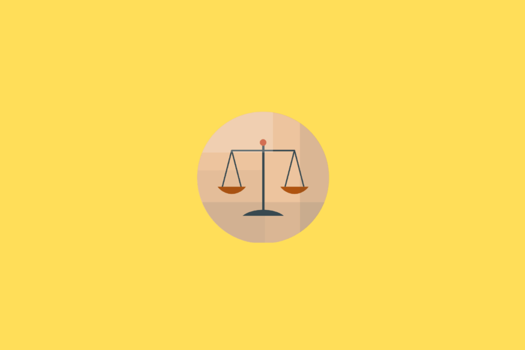Símbolo do signo de Libra representado por uma balança de dois pratos. A estrutura central, formada por uma haste vertical, uma barra horizontal e dois braços suspensos por linhas finas, aparece em azul-acinzentado. Os pratos são curvos, em tom marrom-alaranjado, e estão equilibrados à mesma altura. A balança está centralizada em um círculo bege-rosado com divisões em tons de pêssego e marrom-claro. O fundo externo é amarelo-claro intenso e uniforme.