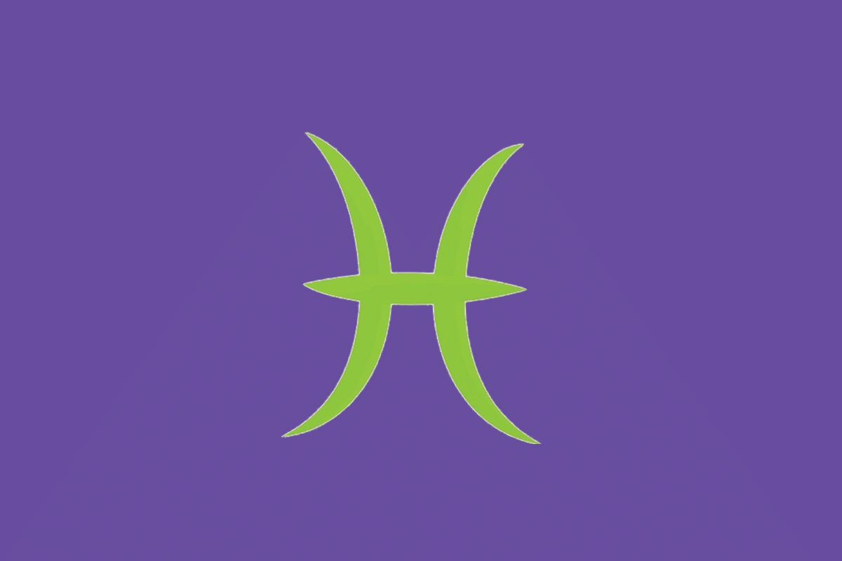 O símbolo astrológico do signo de Peixes em verde-claro sobre um fundo roxo