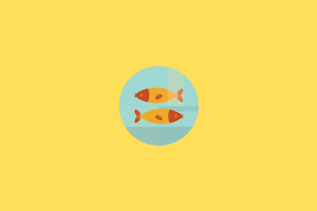 Símbolo do signo de Peixes representado por dois peixes estilizados, dispostos horizontalmente, um acima do outro e voltados para direções opostas. Os corpos são amarelo-alaranjados, com cabeças e caudas em vermelho-alaranjado, olhos amarelos e pequenos detalhes nas nadadeiras. Os peixes estão centralizados em um círculo azul-claro esverdeado dividido em áreas de diferentes tonalidades. O fundo externo é amarelo-claro intenso e uniforme.