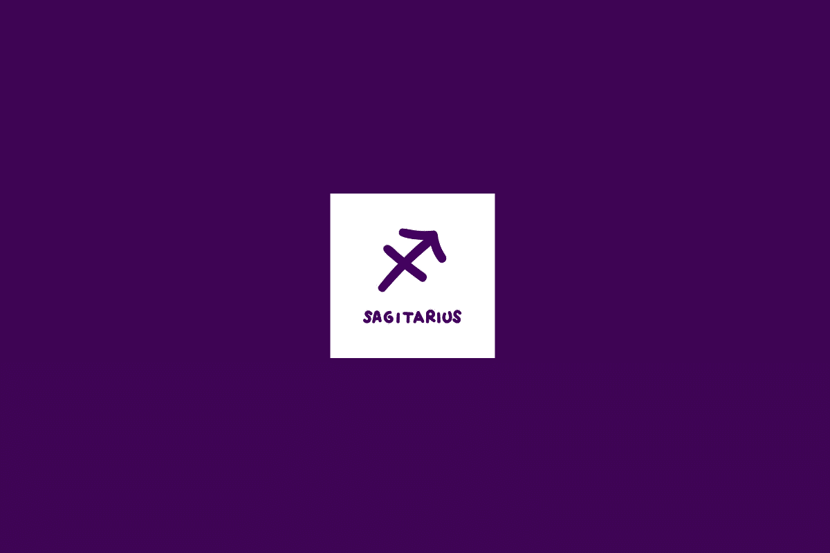 Ilustração do signo de sagitário dentro de um quadrado branco e centralizado em fundo roxo-escuro