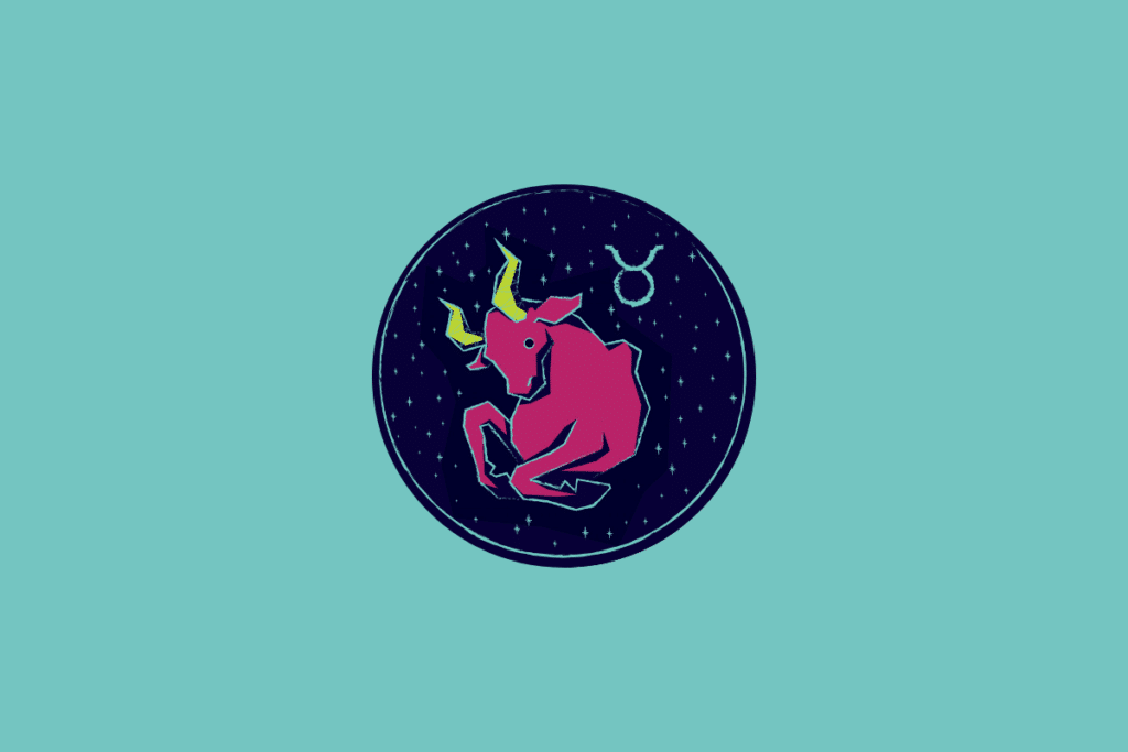 Ilustração num círculo azul-escuro estrelado sobre fundo azul-turquesa, representando Touro através de um touro rosa com cornos amarelos e o respetivo símbolo astrológico
