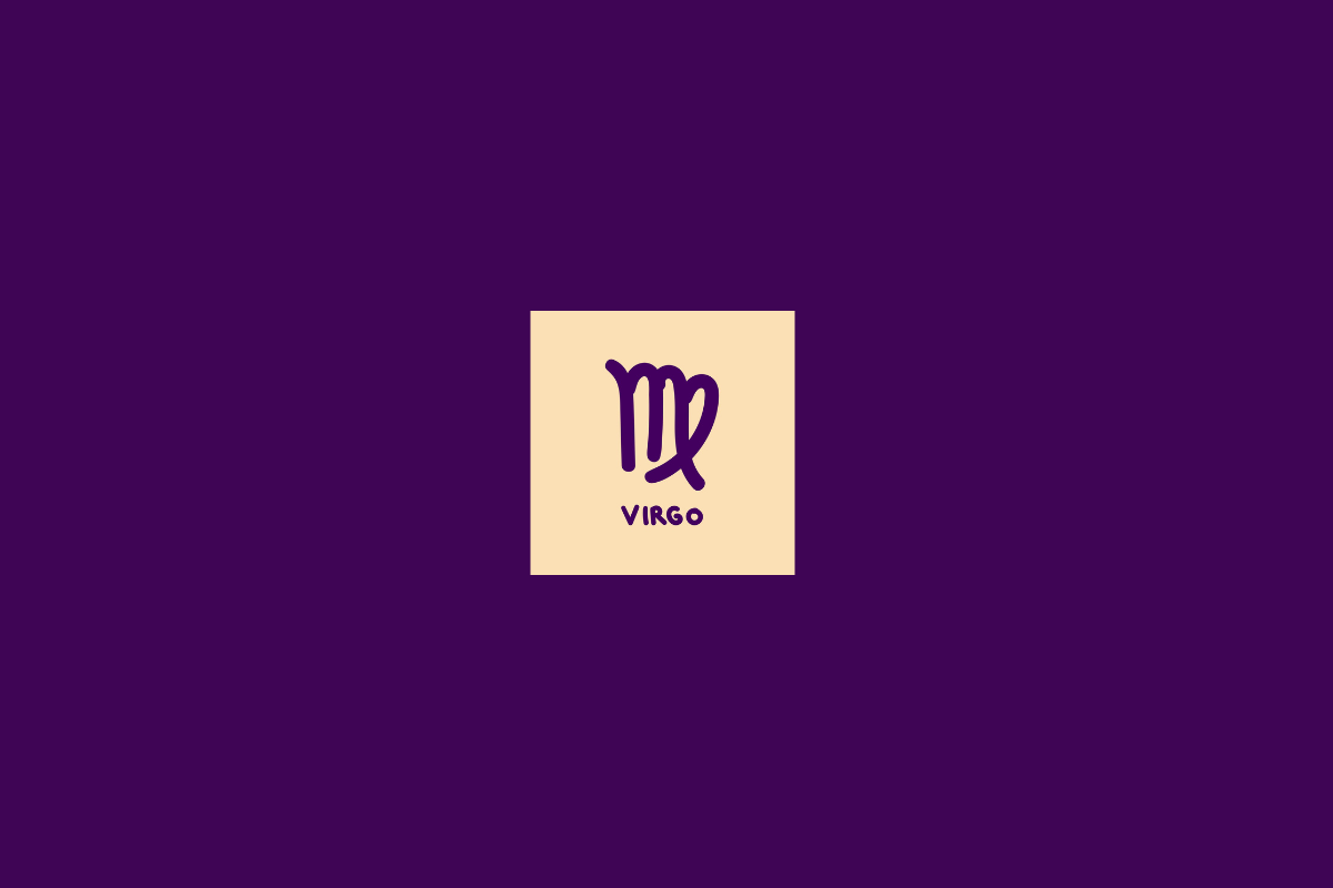 Ilustração do signo de virgem dentro de um quadrado bege-claro e centralizado em fundo roxo-escuro