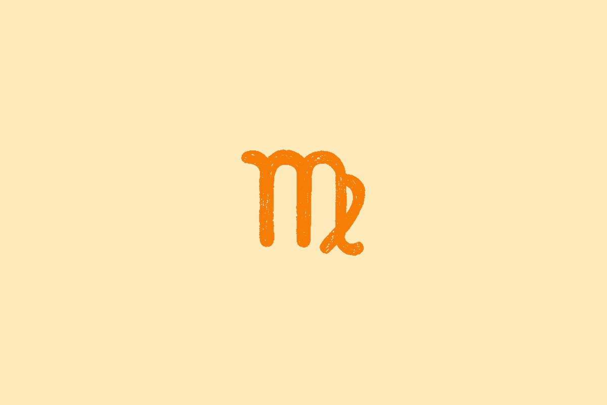 Ilustração do símbolo do signo de Virgem, representado por linhas curvas semelhantes à letra “m”, em laranja, sobre fundo bege-claro.
